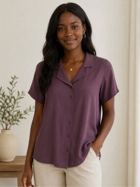 Reitmans Short-Sleeve Button-Down Shirt - Plum